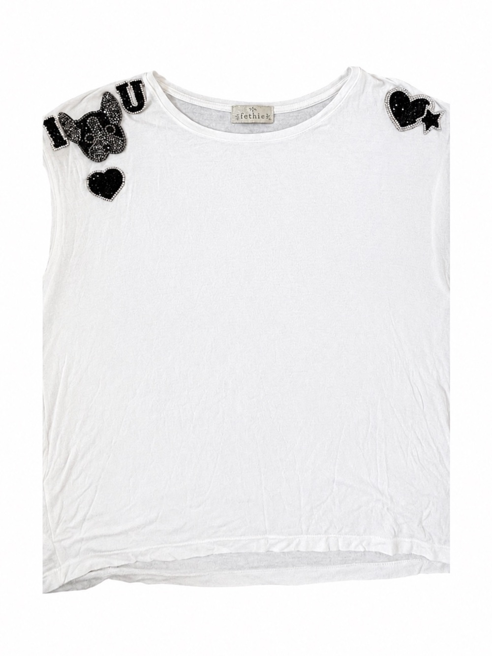 Fethie White Rhinestone Bulldog Heart Sleeveless Boxy Top Grunge Y2K Graphic